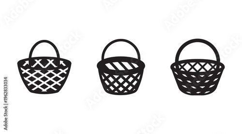 Set of three black silhouette shopping baskets with handles and crisscross patterns isolated on white background for graphic design