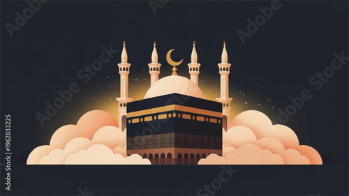 A majestic mosque with minarets and a crescent moon on a starry night sky with clouds