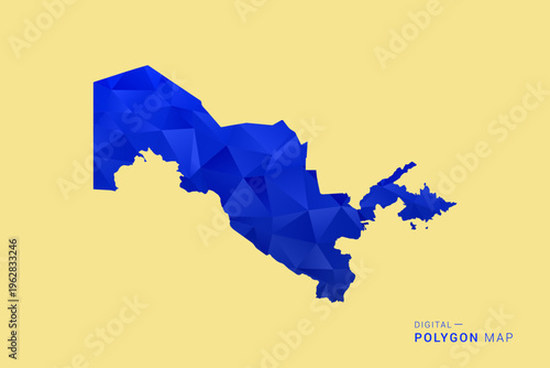 Uzbekistan Map - Low poly polygon map in deep blue gradient on soft beige background, modern minimal geometric design, clean abstract vector illustration with faceted triangulated style.