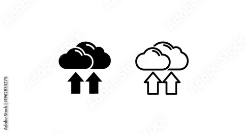 Multiple cloud upload icons: two sets of solid and outline styles for data transfer