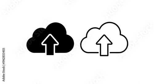 Cloud upload icon set: two styles, solid and outline, for data storage