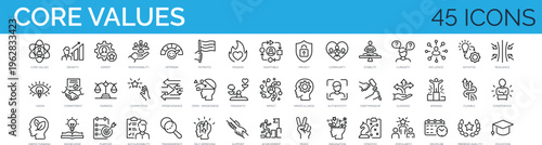 Core Values Icons Set – Leadership, Vision, Integrity, Teamwork & Business Principles Line Icons Collection