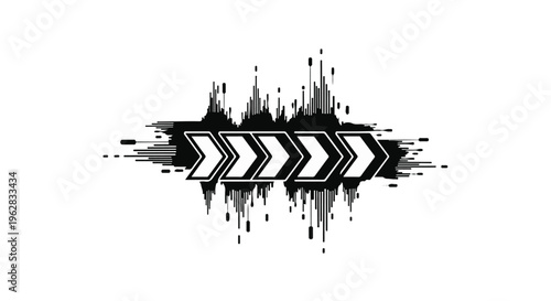 Arrows pointing right across a digital sound waveform represent forward progress, momentum, and data speed, creating a dynamic visual metaphor for technological advancement and fast connectivity.