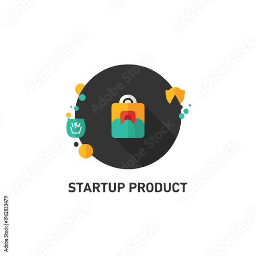 Flat icon of a colorful, abstract product in a black circle with shadows