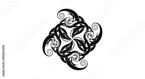Spiral ornament consisting of intricate swirling floral motifs creates a symmetrical and decorative emblem that suggests elegance and sophisticated movement within a balanced graphic composition.