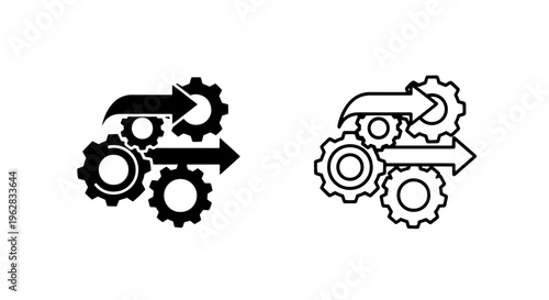 Gear mechanism icon with arrows, process flow and efficiency, teamwork and industry concept