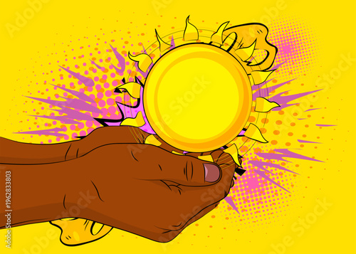 Cartoon, comic book human hands holding Sun. Retro vector comics pop art design.