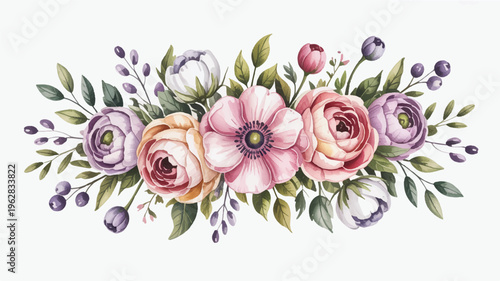 beautiful bouquet of colorful roses and flowers with leaves isolated on white background