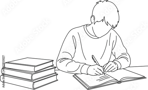 Young student diligently writes in a notebook with a pen, surrounded by a stack of textbooks, focusing intensely on their academic studies and homework.
