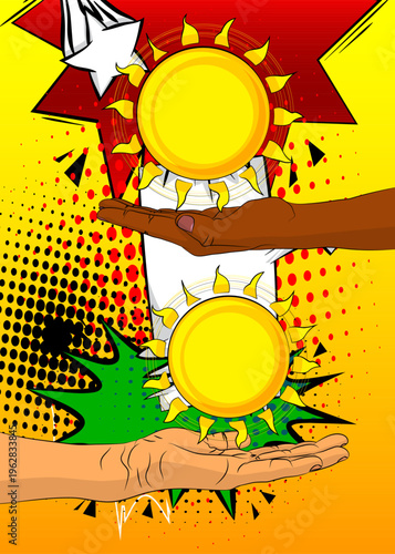 Cartoon, comic book human hands holding Sun. Retro vector comics pop art design.
