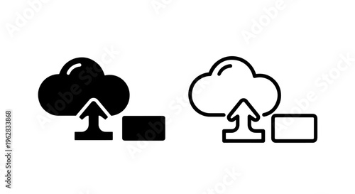 Cloud upload data transfer box icon outline and silhouette for digital storage solutions