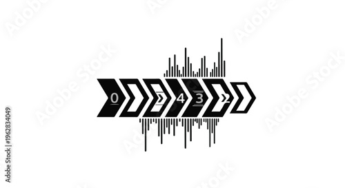 Arrow sequence diagram features numerical progression markers accompanied by vertical frequency bars to illustrate analytical data tracking and strategic business workflow optimization steps.