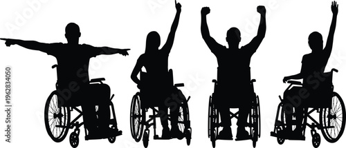 Black Silhouette Collection Featuring People In Wheelchairs With Raised Arms Celebrating For Disability Inclusivity Empowerment Accessibility And Healthcare