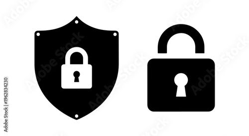 Security shield and padlock icons: digital protection and access control system graphic
