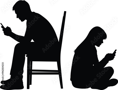 Black vector silhouettes of man and woman using smartphones ignoring each other for digital addiction social media and modern relationship concepts