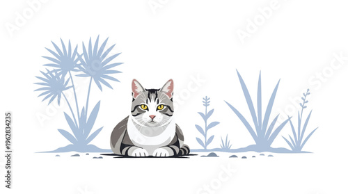 A gray and white cat lying down in a serene outdoor setting with plants
