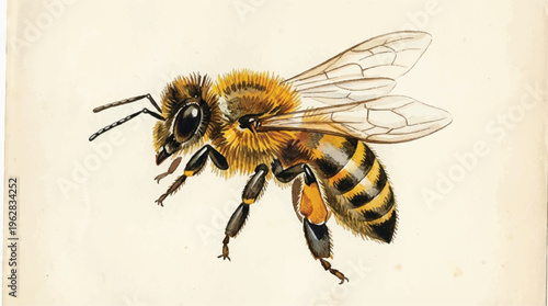 A detailed illustration of a honeybee with yellow and black stripes flying