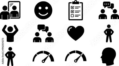 Confidence Icons Grid. Outline icon set of confidence building strategies: mirror pose, personal mantra,
