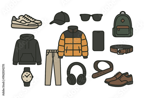 Casual outfit elements including clothes and accessories for a stylish look