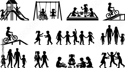 Inclusive Playground Icons. Outline icon set of inclusive playground scenes: slide with kids, swing set,

