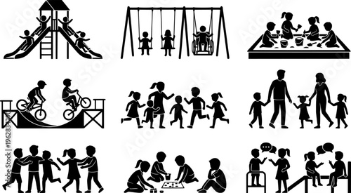 Inclusive Playground Icons. Outline icon set of inclusive playground scenes: slide with kids, swing set,
