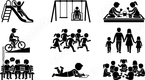 Inclusive Playground Icons. Outline icon set of inclusive playground scenes: slide with kids, swing set,

