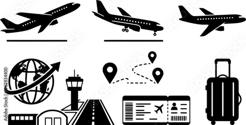 Airlines Icon Set. Flights & Airlines. Filled icon set of Flights & Airlines: airplane takeoff, airplane
