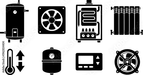 Heating Systems Icons. Heating systems. Filled icon set of Heating systems: boiler, heat pump, solar water
