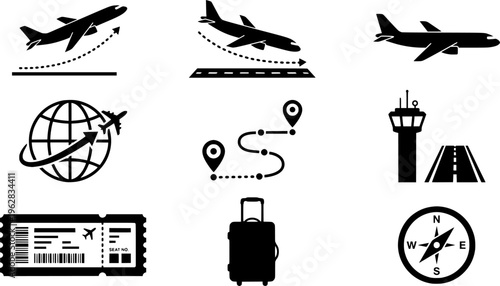 Airlines Icon Set. Flights & Airlines. Filled icon set of Flights & Airlines: airplane takeoff, airplane
