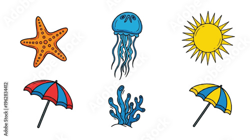 Beach summer elements with starfish jellyfish sun umbrellas and coral