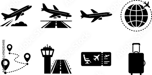 Airlines Icon Set. Flights & Airlines. Filled icon set of Flights & Airlines: airplane takeoff, airplane
