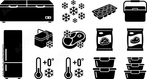 Home Freezing Icons. Outline icon set of freezing food at home: deep freezer, ice crystals, freezer-safe
