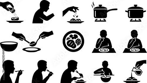 Cooking Icons Collection. Outline icon set of Cooking and seasoning moments: adding salt, tasting food, mixing
