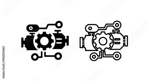 Complex system network icon: automation process and interconnected data flow engineering diagram
