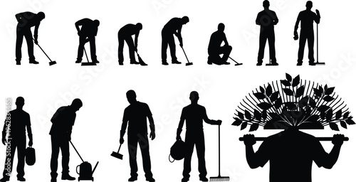 Black vector silhouettes of professional cleaners and gardeners working with brooms rakes and equipment for janitorial services landscaping and maintenance industries