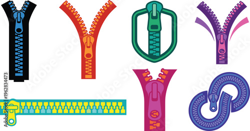 Colorful zipper vector illustration set with open and closed styles clothing fastener elements isolated design collection