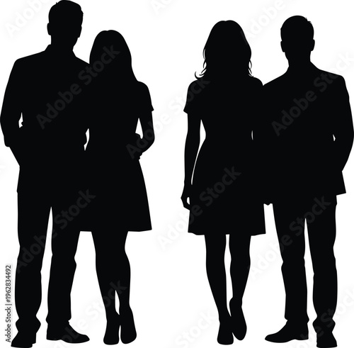 Black vector silhouettes of two young couples standing together in formal attire for business fashion concepts and lifestyle social media marketing