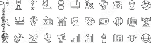 Telecommunication & Network Icons Set – Signal, Wireless, Satellite, Communication & Technology Line Icons Collection