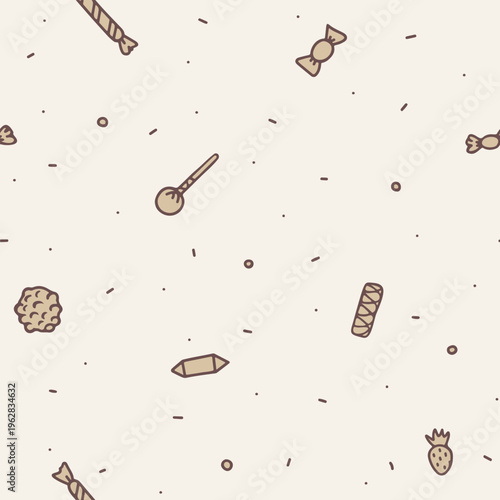 Seamless minimal sweets pattern with tiny candy and dessert elements