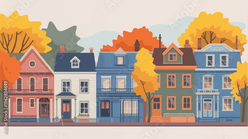 colorful houses with autumn trees on a suburban street