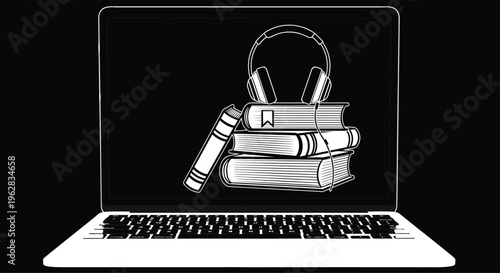 Online education concept vector with laptop screen showing books and headphones for audiobook podcasting elearning and digital library web design