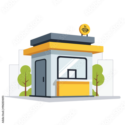 Illustration of a street food stall, complete with trees, buildings, and food sign