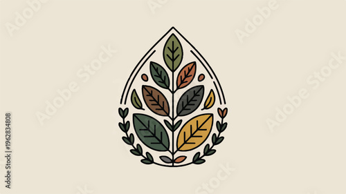Colorful leaves in teardrop shaped frame on beige background