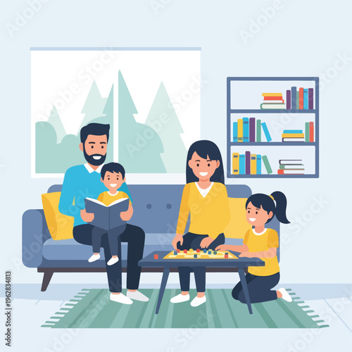 Illustration of a family of four spending time together indoors