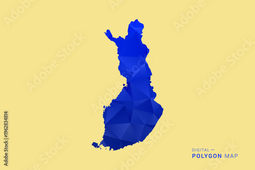 Finland Map - Low poly polygon map in deep blue gradient on soft beige background, modern minimal geometric design, clean abstract vector illustration with faceted triangulated style.
