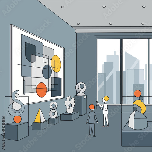 Illustration of a museum interior with abstract artworks and visitors