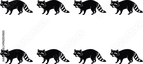 Multiple black raccoon silhouettes, highlighting the unique masked face and ringed tail of the North American mammal, presented on a white backdrop.