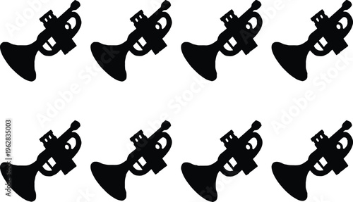 Set of eight black trumpet silhouettes, featuring the classic brass instrument with valves, symbolizing music, performance, and celebration.