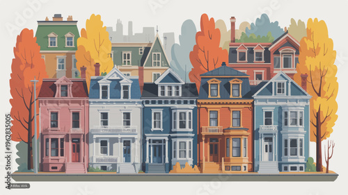 colorful row of houses with trees in autumn  residential neighborhood scene