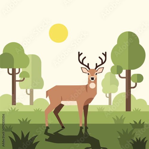 Flat illustration of a deer standing in a forest scene